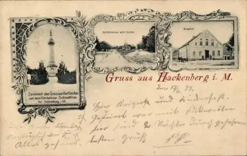 Ak Hackenberg Hakenberg Fehrbellin, Denkmal des Großen Kurfürsten, Dorfstraße, Kirche, Gasthof