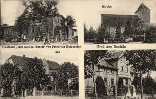 Ak Bechlin Neuruppin in Brandenburg, Kirche, Gut, Gasthaus zum weißen Hirsch, Villa Heidenriem