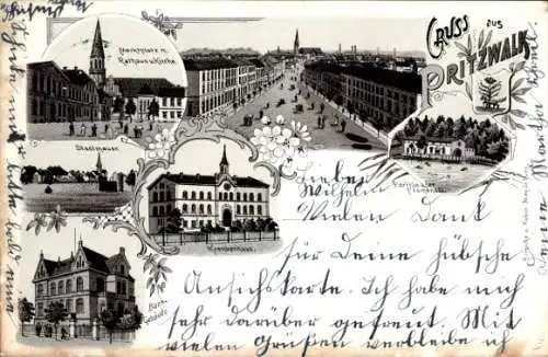 Litho Pritzwalk in der Prignitz, Krankenhaus, Bankgebäude, Marktplatz, Rathaus, Stadtmauer