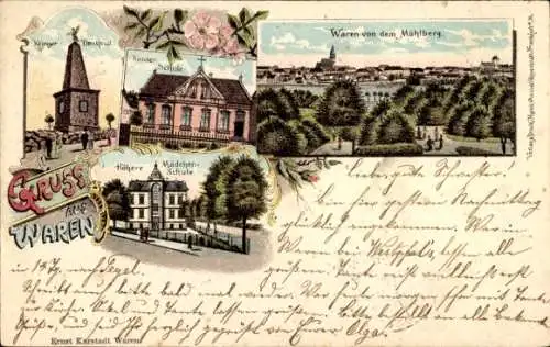 Litho Waren an der Müritz, Kriegerdenkmal, Blick vom Mühlberg, Kinderschule, Höhere Mädchenschule