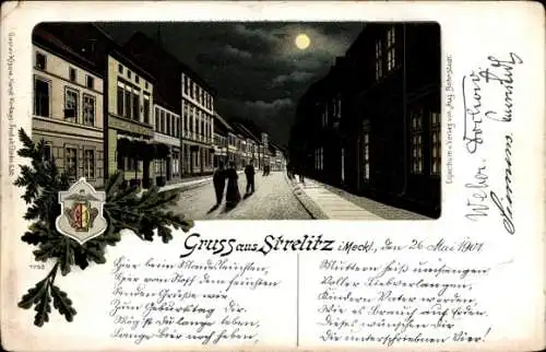 Wappen Passepartout Litho Strelitz Alt Neustrelitz in Mecklenburg, Straße bei Nacht