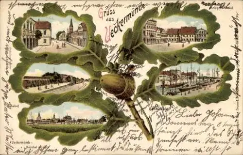 Eichenblatt Litho Ueckermünde in Vorpommern, Gesamtansicht, Hafen, Kriegerdenkmal, Bahnhof