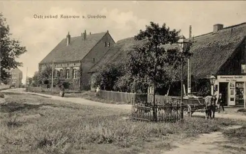 Ak Ostseebad Koserow auf Usedom, Teilansicht, Geschäft Otto Lüder, Fuhrwerk