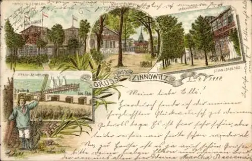 Litho Ostseebad Zinnowitz Usedom, Hotel Glienberg, Strandschloss, Strandhotel, Landungssteg