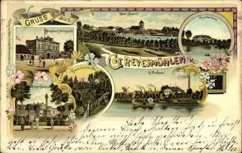 Litho Grevesmühlen in Mecklenburg, Amtsgericht, Krankenhaus, Kriegerdenkmal