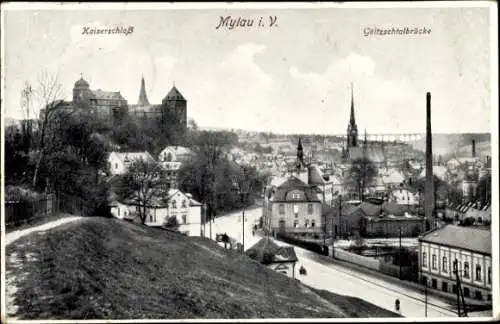 Ak Mylau Reichenbach, Göltzschtalbrücke, Burg