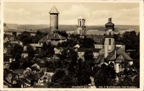 Ak Auerbach im Vogtland Sachsen, Die 3 Wahrzeichen, Kirchturm, Schlossturm