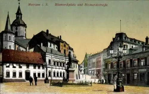 Ak Meerane in Sachsen, Bismarckplatz und Bismarckstraße, Denkmal