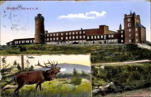 Ak Brocken Nationalpark Harz, am Gipfel, Aussichtsturm, Brocken Hotel, Hirsch