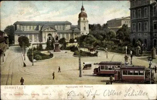 Ak Darmstadt in Hessen, Paradeplatz mit Museum, Turm, Straßenbahn