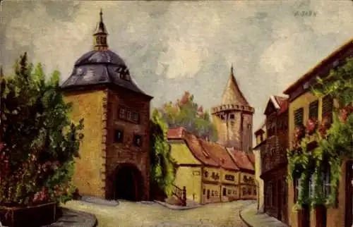 Künstler Ak Jahn, E., Mühlhausen in Thüringen, Degi 1461, Straßenpanorama, Turm, Impressionismus