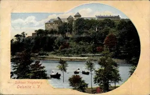 Ak Oelsnitz Vogtland, Blick auf das Schloss Voigtsberg über den Fluss