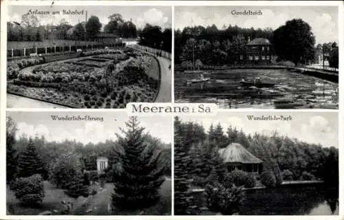 Ak Meerane, Wunderlich Ehrung und Park, Bahnhofsanlagen, Gondelteich