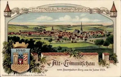 Wappen Ak Crimmitschau in Sachsen, Ortsansicht, Lauenhainer Berg um 1724, Stadtrechtsfeier 1914