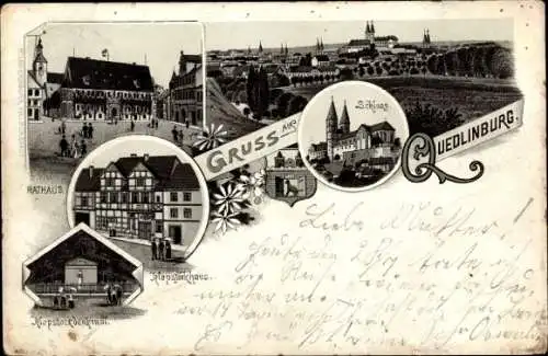 Litho Quedlinburg im Harz, Schloss, Rathaus, Klopstock Denkmal, Wappen