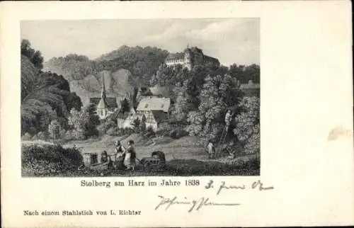 Künstler Ak Richter, Ludwig, Stolberg Südharz, Blick zum Schloss um 1838, Kirche