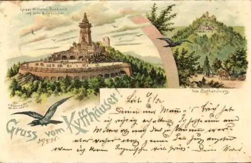 Litho Steinthaleben Kyffhäuserland in Thüringen, Kaiser Wilhelm Denkmal, Rothenburg, Raben