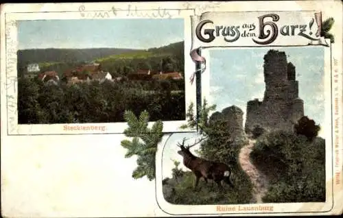 Passepartout Ak Stecklenberg Thale im Harz, Blick auf die Ortschaft und Ruine Lauenburg