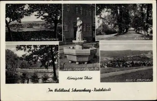 Ak Königsee Rottenbach in Thüringen, Blick vom Pfaffenstein, Waldbad, Gänsemännchenbrunnen