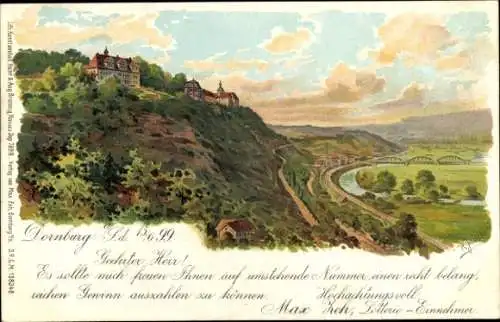 Künstler Litho Dornburg Camburg in Thüringen, Ortschaft mit Landschaftsblick, Lotterie