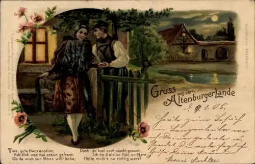 Litho Altenburg in Thüringen, Paar in Tracht am Gartenzaun, Mondschein