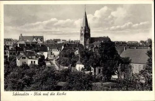 Ak Schkeuditz in Nordsachsen, Teilansicht von Ortschaft, Blick auf Kirche