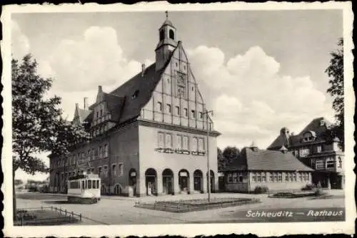 Ak Schkeuditz in Nordsachsen, Rathaus, Straßenbahn