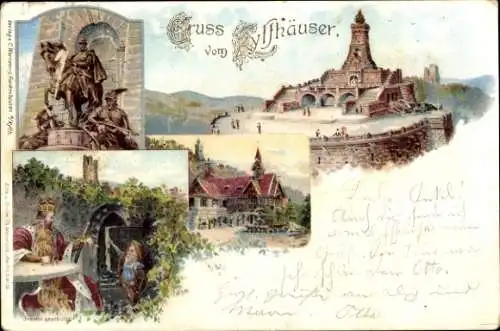 Litho Steinthaleben Kyffhäuserland in Thüringen, Kyffhäuser, Kaiser Wilhelm Denkmal, Barbarossa