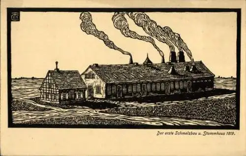 Künstler Ak Essen, Der Erste Schmelzbau und Stammhaus 1819, Alfred Krupp, Kruppsche Betriebe