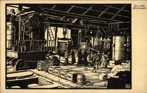 Künstler Ak Essen im Ruhrgebiet Nordrhein Westfalen, erstes Martinswerk, Alfred Krupp, Arbeiter