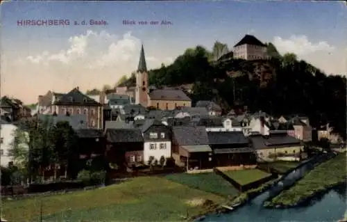 Ak Hirschberg an der Saale Thüringen, Blick von der Alm, Kirche