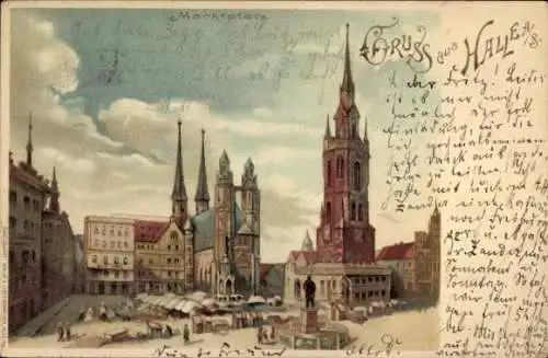 Litho Halle an der Saale, Marktplatz, Kirche, Turm