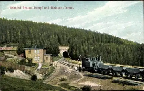 Ak Blankenburg am Harz, Bahnhof Braune Sumpf und Bielsteintunnel, Harz Zahnradbahn