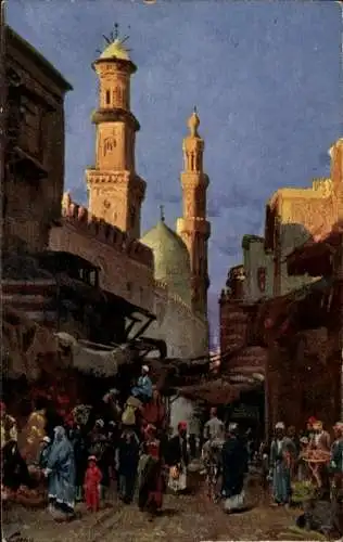 Künstler Ak Wuttke, Cairo Kairo Ägypten, Straßenpartie, Minarett, Einheimische