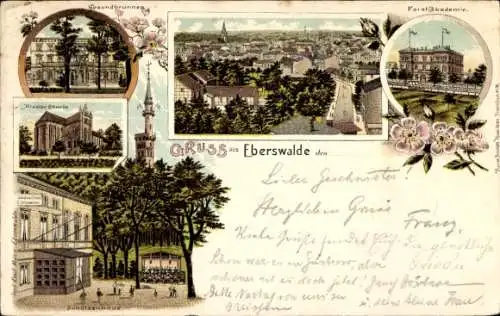 Litho Eberswalde in der Mark, Kurhaus Gesundbrunnen, Forstakademie, Kloster Chorin