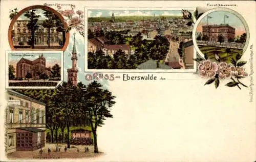 Litho Eberswalde in der Mark, Kurhaus Gesundbrunnen, Forstakademie, Kloster Chorin