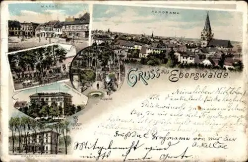 Litho Eberswalde in der Mark, Markt, Kurhaus Gesundbrunnen, Forstakademie, Wasserfall