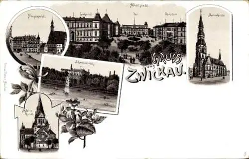 Litho Zwickau Sachsen, Albertplatz, Hauptmarkt, Schwanenteich, Landgericht