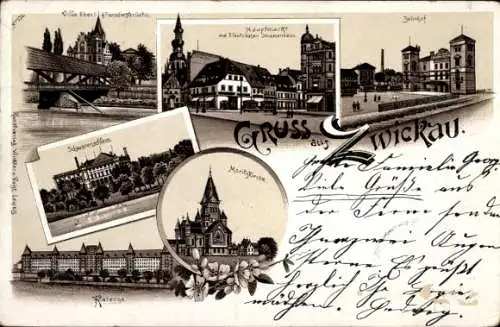 Litho Zwickau in Sachsen, Villa Ebert, Hauptmarkt, Bahnhof, Schwanenschloss, Kaserne, Moritzkirche