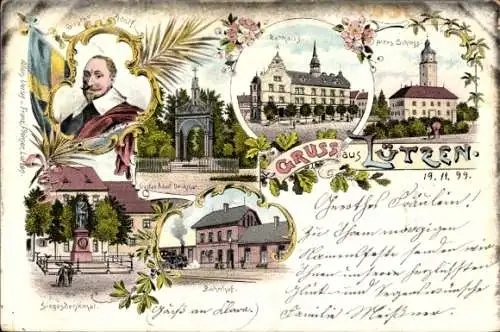 Litho Lützen im Burgenlandkreis, Rathaus, Altes Schloss, Bahnhof, Denkmal, Gustav Adolf