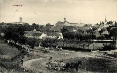 Ak Droyßig im Burgenlandkreis, Panorama vom Ort, Pferdefuhre