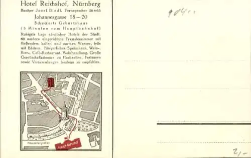 Ak Nürnberg, Hotel Reichshof, Johannesgasse 18, Bes. Josef Bindl