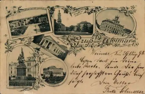 Litho Weimar in Thüringen, Totale, Museum, Kriegerdenkmal, Rathaus, Residenzschloss