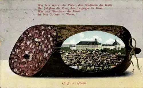 Passepartout Ak Gotha im Thüringer Becken, Gothaer Wurst, Gedicht, Panorama vom Ort