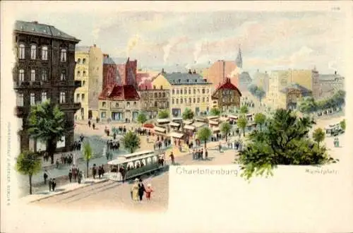 Litho Berlin Charlottenburg, Marktplatz mit Straßenbahn