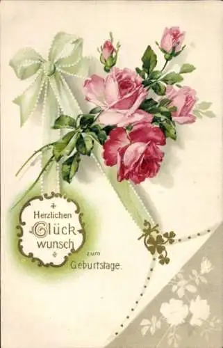 Präge Ak Glückwunsch Neujahr, Rosen, Schleife, Glücksklee