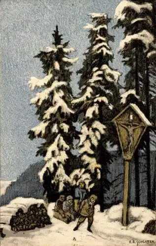 Künstler Ak Schlatter, E. B., Kinder mit Schlitten, Wegkreuz, Winterlandschaft