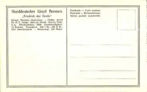 Ak Doppelschrauben-Salondampfer Friedrich der Große, Norddeutscher Lloyd Bremen