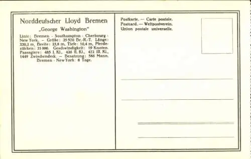 Ak Dampfschiff George Washington, Norddeutscher Lloyd Bremen, Doppelschrauben-Salondampfer