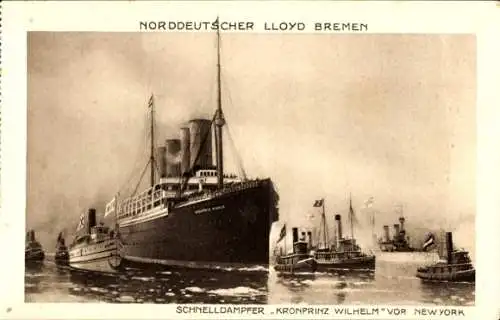 Ak Norddeutscher Lloyd Bremen, Schnelldampfer Kronprinz Wilhelm vor New York